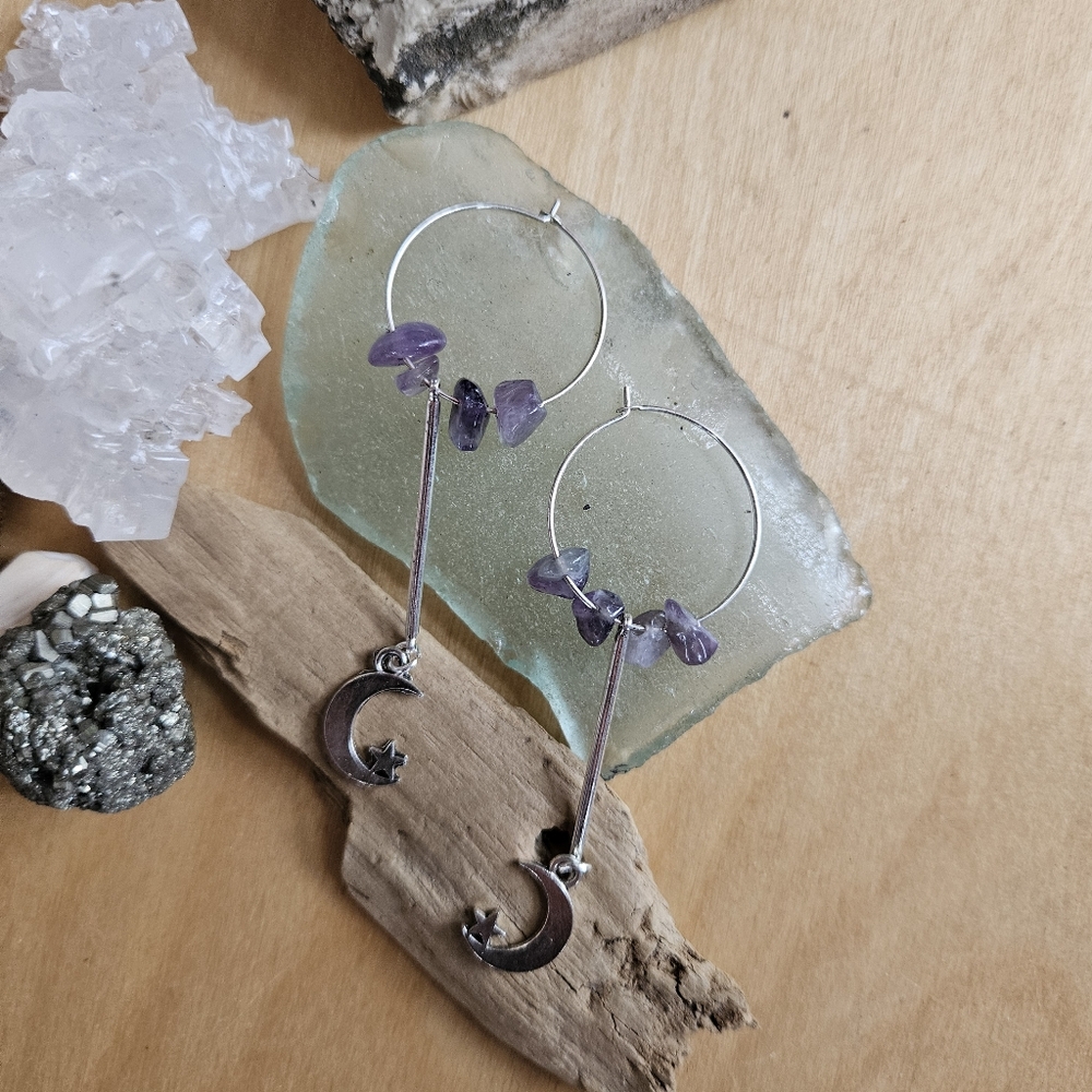 Handmade Celestial Purple Amethyst Moon Hoop Healing Stainless Steel Earrings